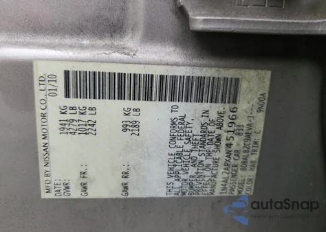 2010 Nissan Altima Base z USA, uszkodzony, nr VIN 1N4AL2APXAN451966